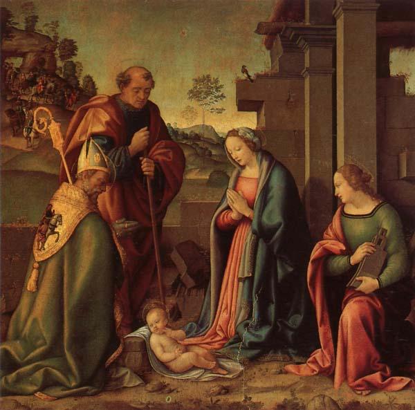 Raffaello Botticini Adoration of the Christ Child with St.Barbara and St.Martin oil painting image